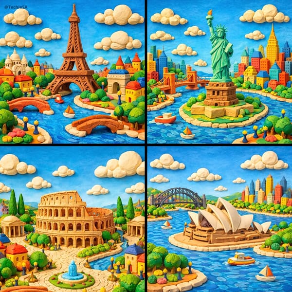 Generate a whimsical miniature world featuring [LANDMARK NAME] crafted entirely from colorful m…