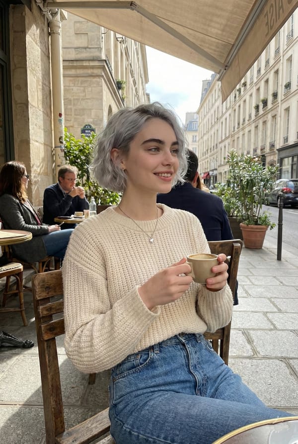 A candid lifestyle portrait of a young woman sitting at an outdoor Parisian café, holding a cer…