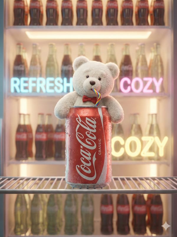 A cute, cinematic brand fantasy scene featuring a fluffy white teddy bear mascot emerging from…