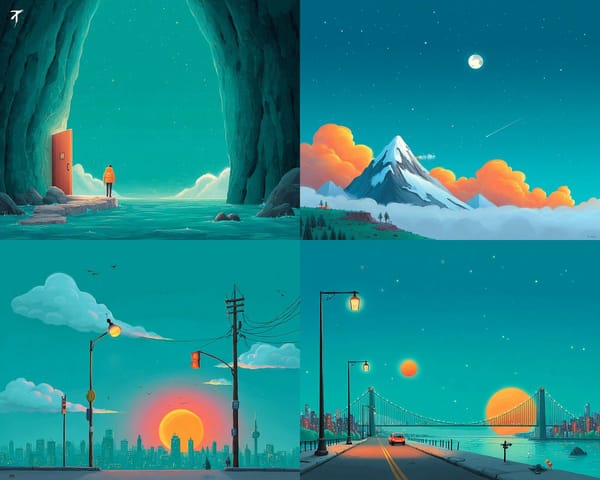 This SREF creates dreamy teal scenes with glowing skies, soft shapes, and quiet moments that fe…