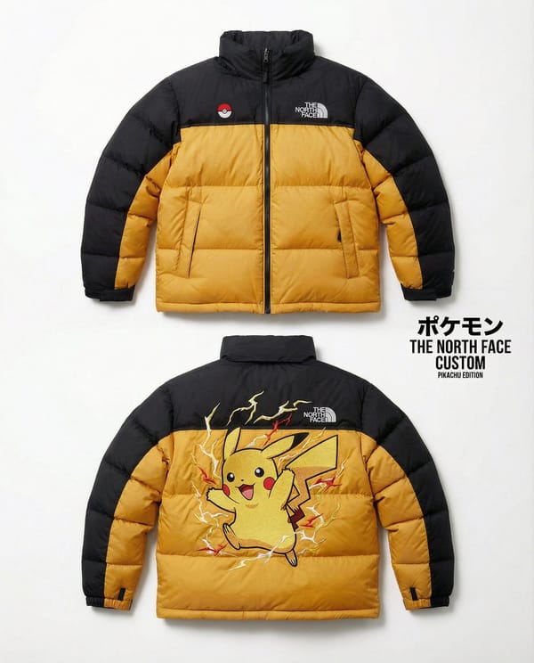 High-end editorial product shot of a custom The North Face Nuptse 700 puffer jacket inspired by…