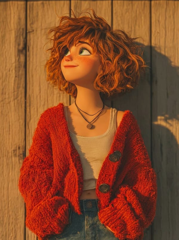 1. A stylized 3D animated girl with short messy curly ginger hair, light freckles across her ch…