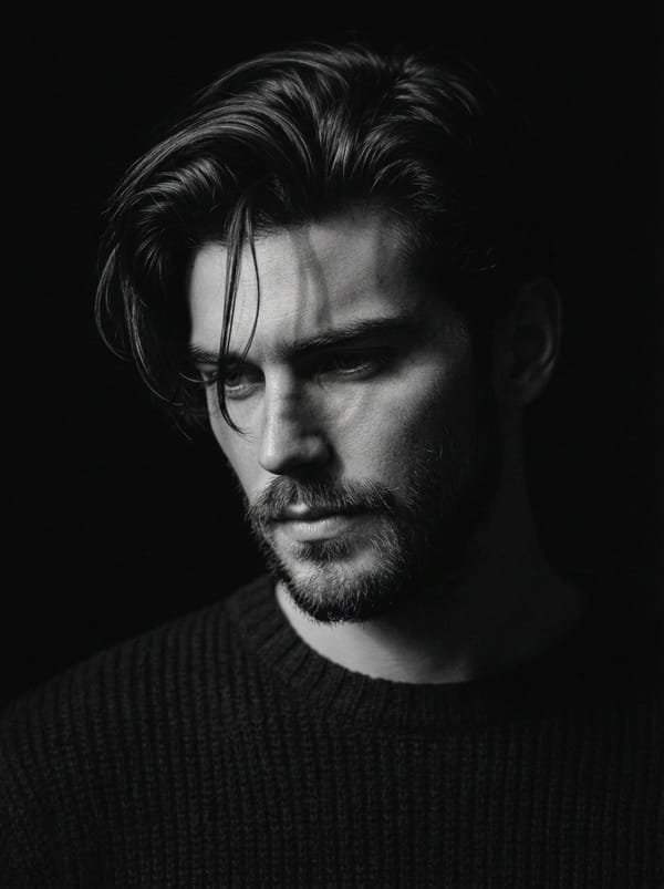 Close-up black and white portrait of a man use image face reference with messy hair and a rough…