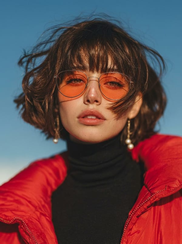 A cinematic fashion portrait of a young woman with a short wavy bob haircut and wispy bangs, we…
