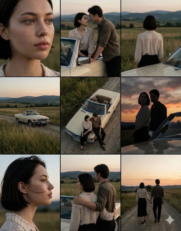 A cinematic 3×3 grid of film-still frames featuring the same couple during a quiet countryside…