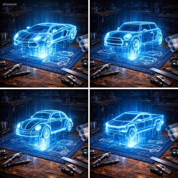Create a hyper-realistic 3D holographic blueprint projection of a [CAR NAME] emerging as a lumi…