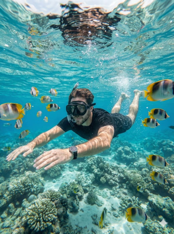 Create a hyper-realistic underwater close-range portrait captured with a wide-angle action came…