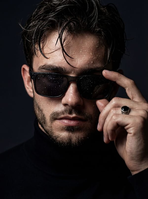 Ultra-realistic cinematic close-up portrait of a young man with wet skin and damp, messy hair.…