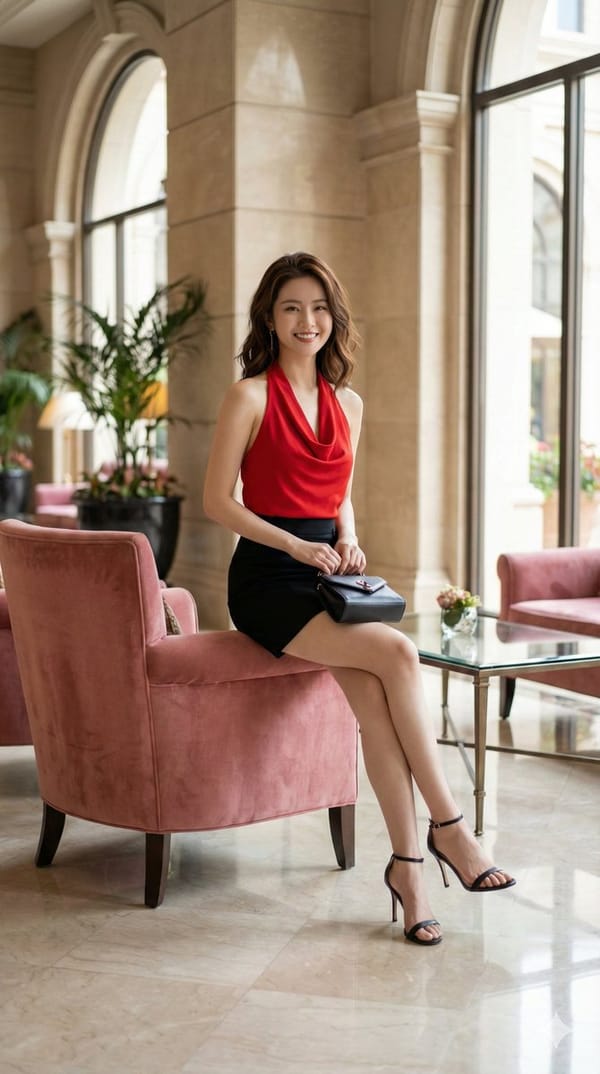 Generate a photorealistic medium full-body shot of a young woman sitting on the armrest of a pi…