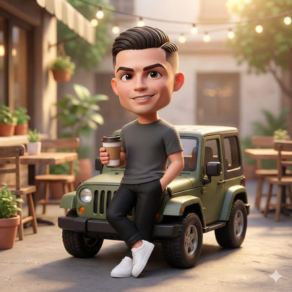 A cute 3D chibi-style character leaning against a parked mini chibi Jeep, wearing a clean monoc…