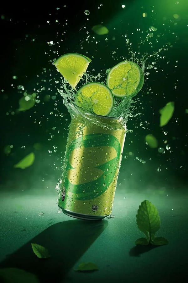 A hyper-realistic commercial product shot of a refreshing lime soda can exploding with energy i…