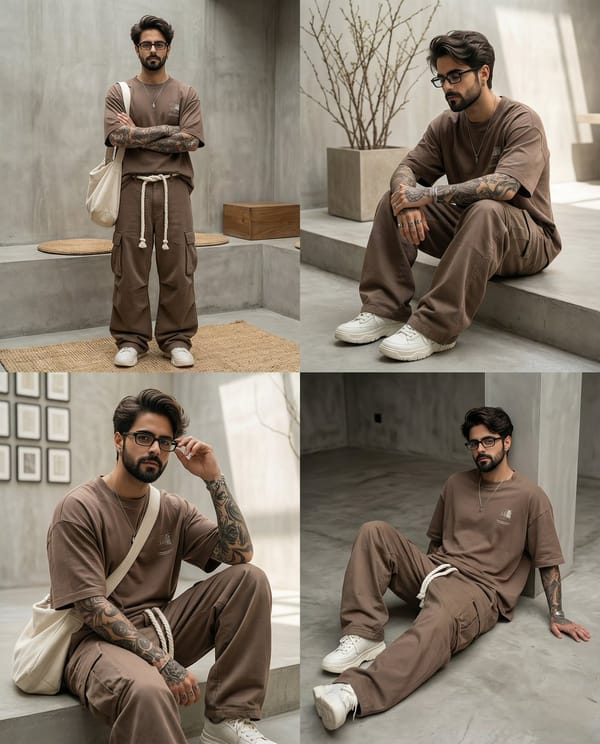 Transform this image [UPLOAD YOU'RE IMAGE] into a 64K DSLR shot resolution of A four-panel fash…