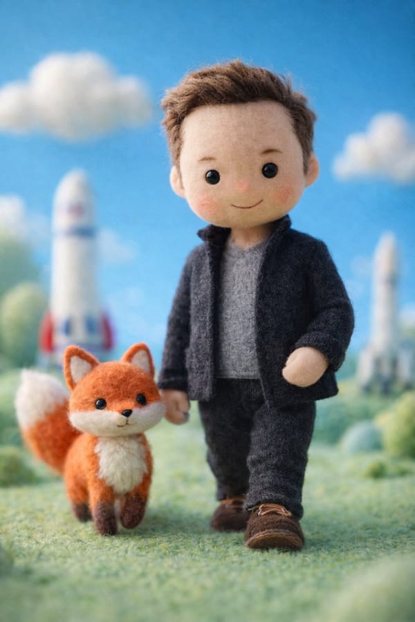 A handcrafted felt miniature illustration of [Celebrity] reimagined as a soft wool doll charact…