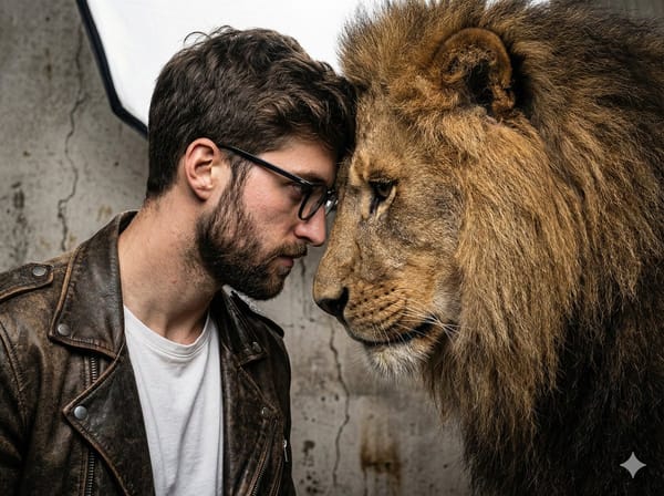 A gritty, intense portrait of a man, a friend of real lion, captured in a raw, hyper-realistic…