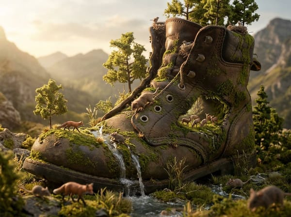 A colossal [OBJECT] reimagined as a complete natural biome. Tiny [WILDLIFE] has evolved to inha…
