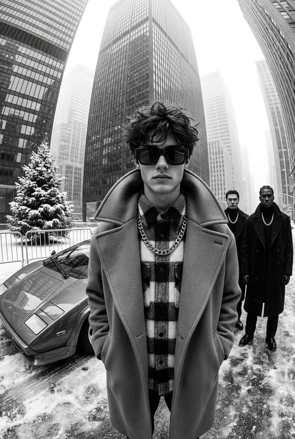 A black-and-white, high-contrast, ultra-glamorous street fashion editorial photograph taken wit…