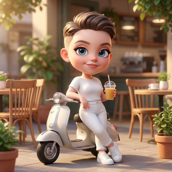 A cute 3D chibi-style character of the uploaded image leaning against a parked mini chibi scoot…