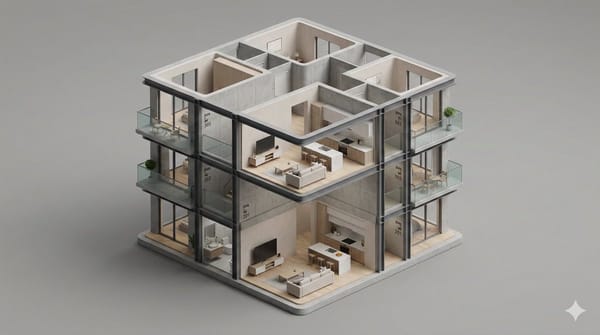 A clean, minimal 3D isometric diorama of a [BUILDING TYPE] section, featuring [INTERIOR / EXTER…