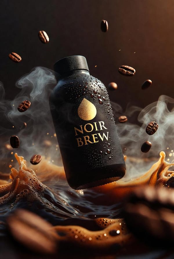 Ultra-cinematic premium coffee bottle labeled “NOIR BREW”, matte black glass with gold typograp…