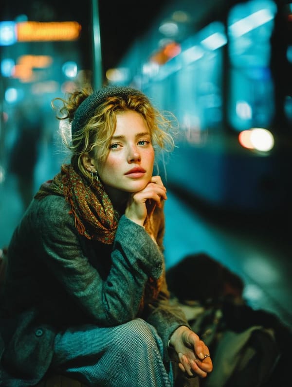 Create a moody cinematic portrait capturing quiet introspection on a subway platform at night p…