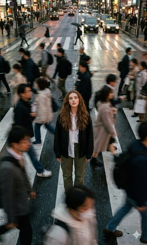 Cinematic street photography capturing a moment in motion with a crowd blur effect. Overhead po…