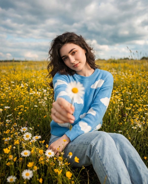 cinematic, wide-angle portrait of her sitting in a wildflower field during the day. She leans s…
