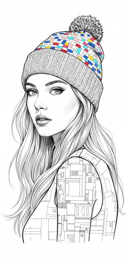 Ultra-detailed black and white ink illustration of a young woman in 3/4 profile, looking slight…
