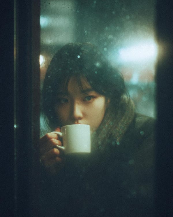 A cinematic, moody photograph of a young woman sitting inside a café at night, seen through a r…