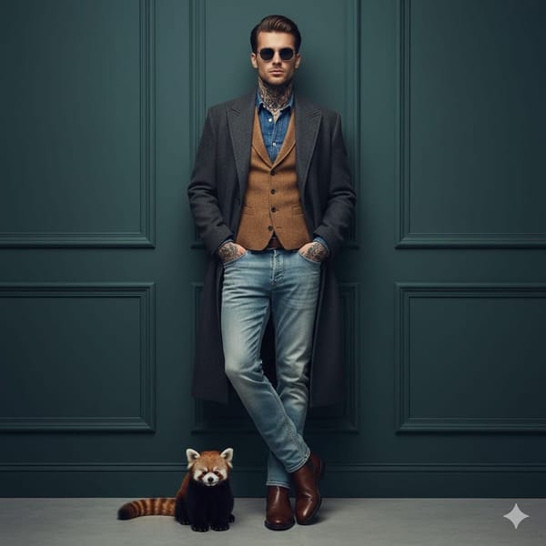 A cinematic fashion portrait of a stylish man leaning against a dark teal paneled wall, wearing…