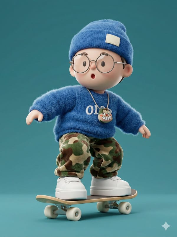 A high-fidelity 3D character render of a cute, stylized boy skateboarding in a dynamic pose. Th…