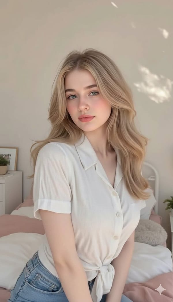 Cute, innocent young adult blonde woman sitting comfortably on a neatly made bed, relaxed natur…