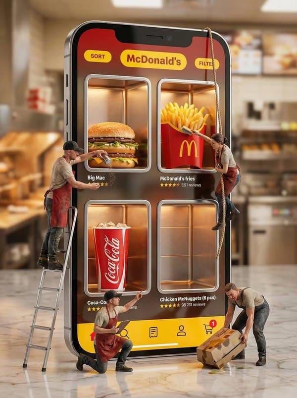 Ultra-realistic creative advertising scene showing a giant smartphone displaying a McDonald’s f…