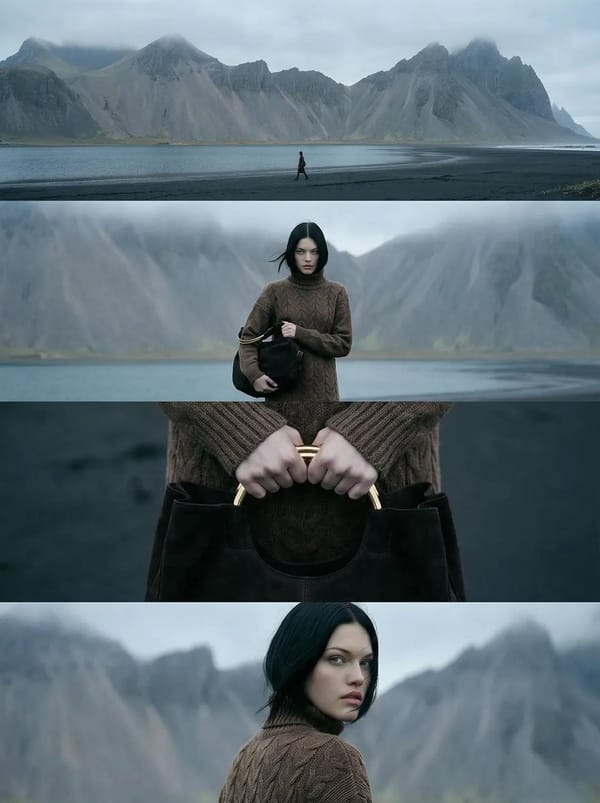 A vertical cinematic editorial image composed of four horizontal film frames stacked vertically…