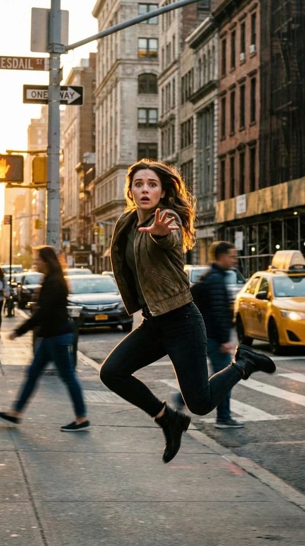 A cinematic freeze-frame shot of a young woman suspended in mid-air in the middle of a busy New…