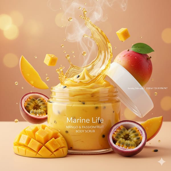 Luxurious tropical body scrub product photography, open jar of bright vibrant yellow-orange Man…