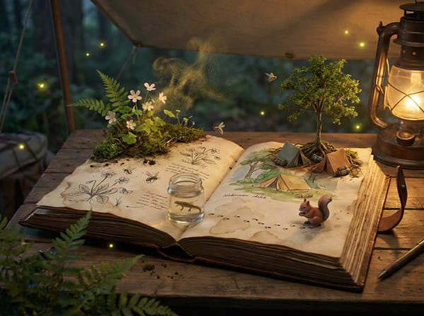 Epic 3D scene: a weathered field journal lies open on a naturalist's camp table, its pages erup…