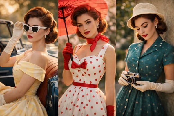 A cinematic vintage fashion portrait of a graceful young woman in a 1950s aesthetic, standing b…