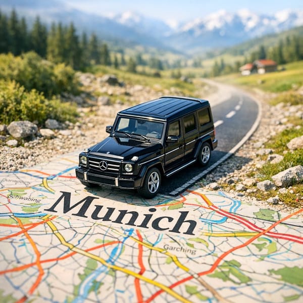A surreal, hyper-realistic close-up scene of a miniature [CAR] driving along a winding road tha…