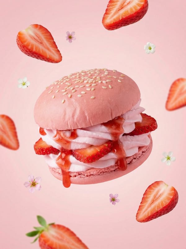 A hyper-realistic {FRUIT} dessert burger, centered composition, soft pastel {FRUIT_COLOR} color…