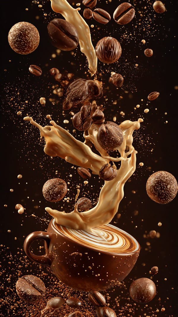 Ultra-cinematic vertical composition of coffee elements suspended in mid-air cascading roasted…