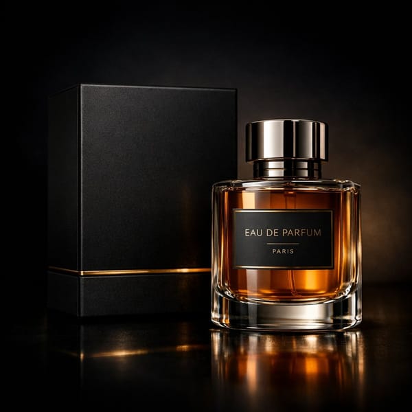 Luxury perfume product photography in a dark cinematic studio. A premium black matte perfume bo…