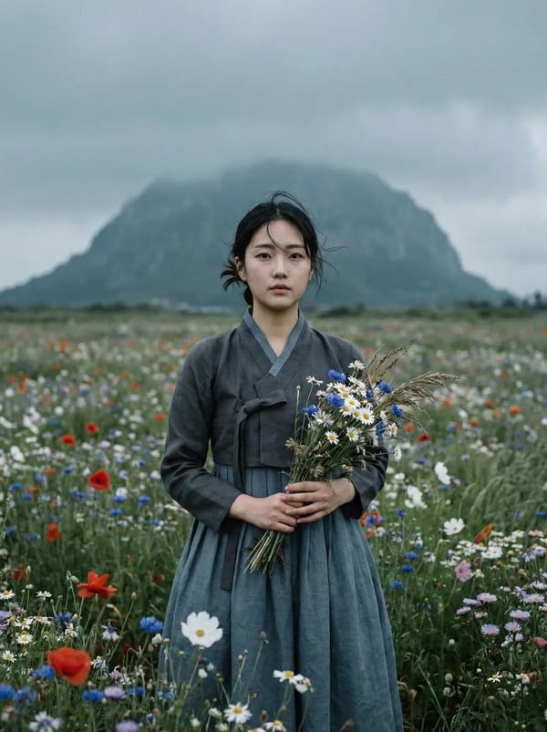 Ultra-realistic cinematic portrait of a young East Asian woman standing alone in a vast wildflo…