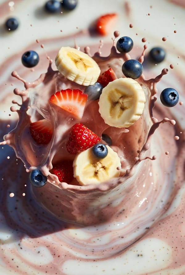 Ultra-realistic smoothie explosion, banana slices, strawberry pieces, blueberry splash, chia se…