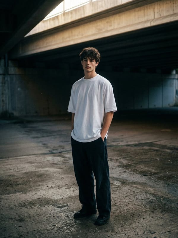 A moody, urban portrait of me standing under a desolate concrete overpass, the harsh architectu…