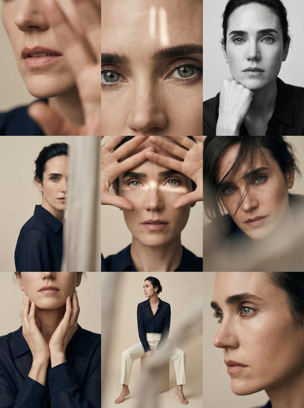 Editorial 3x3 photo grid in a clean soft beige studio. Character (matches reference 100%) weari…
