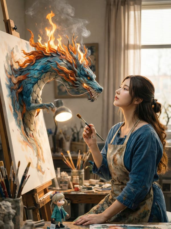 A cinematic fantasy scene inside a cozy artist’s studio. A young female painter wearing a paint…