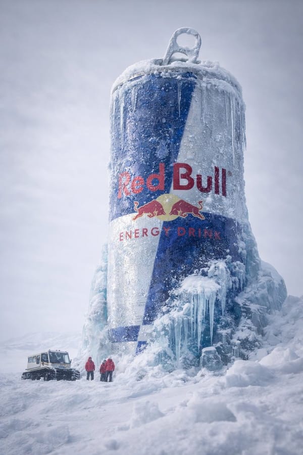 Hyper-realistic cinematic 8k photograph, low-angle wide perspective. A massive Monster Energy c…