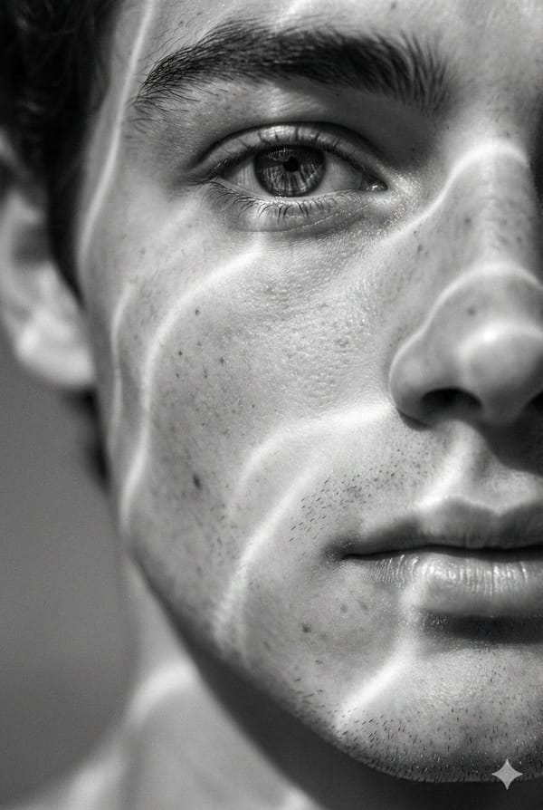 A hyperrealistic 8K black and white extreme close-up portrait of a young man's face, focusing t…