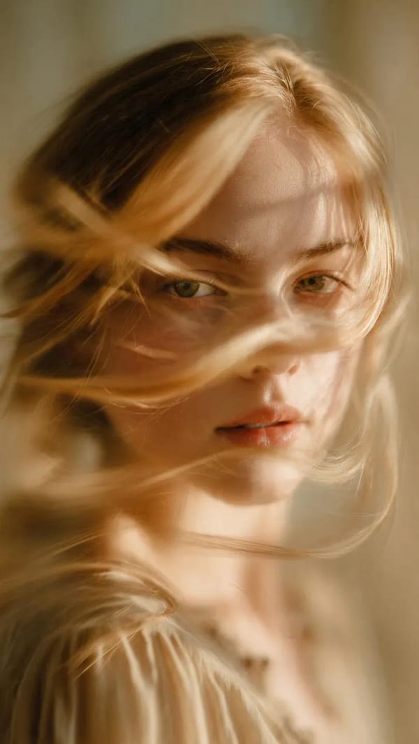 A soft-focus, cinematic portrait of a young woman with delicate facial features and light golde…