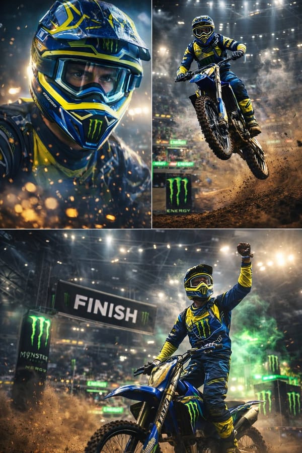 Ultra-dynamic motocross racing scene featuring a professional dirt bike rider performing extrem…